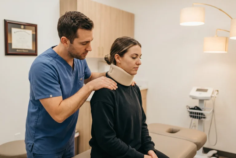 Chiropractor treating a whiplash patient after an auto accident in Fenton, MI