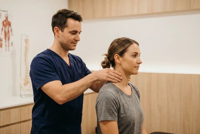 Chiropractor treating a patient's neck pain and headaches in Fenton, MI