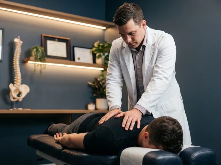 Chiropractor adjusting a patient's back for back pain relief in Fenton, MI